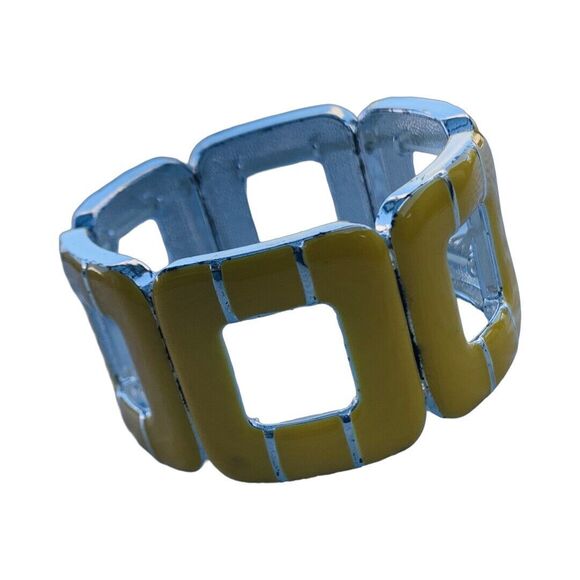 Vintage Yellow Wide Square Stretch Bracelet Silver Tone Enamel - Picture 5 of 8
